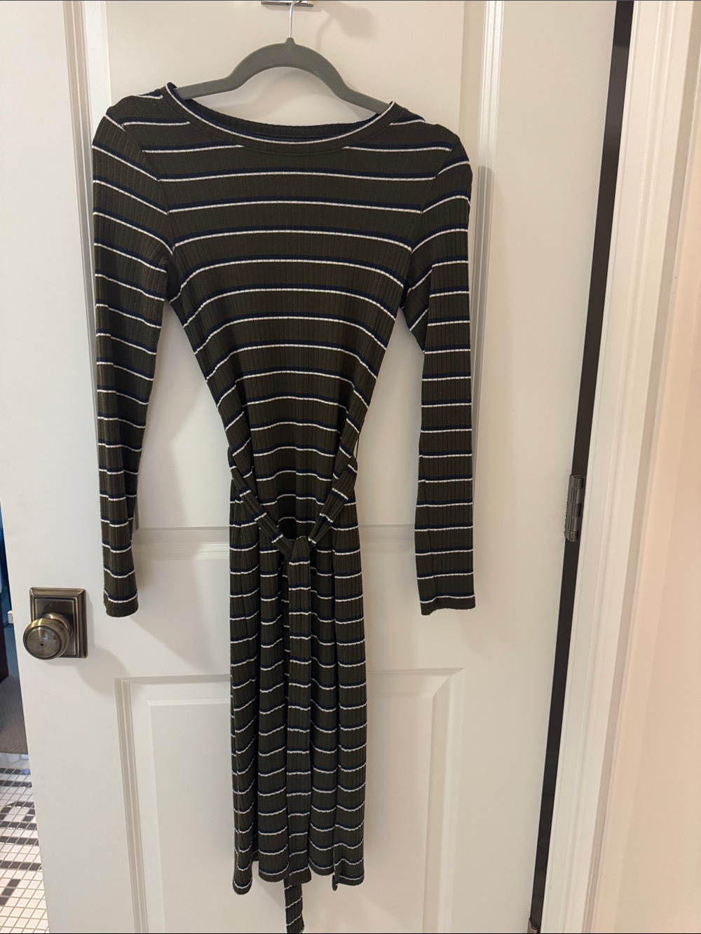 Abercrombie & Fitch Olive and White Striped Long Sleeve Knot-Waist Dress